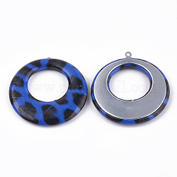 Ciondoli in pelle imitazione, con bottone alluminio, rotondo e piatto, platino, blu, 43.5x40.5x5mm, Foro: 1.2 mm