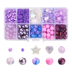 Kit de recherche de fabrication de bijoux en perles de bricolage, y compris imitation pierre précieuse & craquelé & coeur & étoile & ronde acrylique & perles de verre, violet, 4~10x3~8mm, Trou: 1~2mm, 706 pcs / boîte