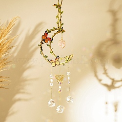 Décoration de pendentif attrape-soleil suspendu en quartz rose naturel, Lustre de plafond en cristal avec lune et papillon, pendentifs à prisme boule, 450~480mm