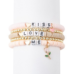 5Pcs 5 Style Word Kiss Love Me Acrylic Stretch Bracelets Set with Heart Rose Enamel Charms, Polymer Clay Heishi Surfer Preppy Beacelets with Synthetic Hematite Beaded for Valentine's Day, Navajo White, Inner Diameter: 2-1/8~2-1/4 inch(5.4~5.8cm), 1Pc/style