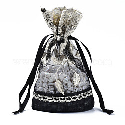 Sacs-cadeaux en dentelle de polyester et fil flammé, pour bijoux et baby showers emballage sac de faveur de mariage, noir, 18~19x12~13x0.3 cm