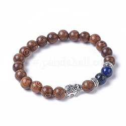 Bracelets extensibles de perles rondes en bois teint, avec des perles de lapis-lazuli naturel (teint), perles d'éléphant et perles d'espacement en alliage plaqué argent antique de style tibétain, 2 pouce (5.1 cm)