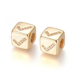 Perles européennes en laiton avec zircone cubique de micro pave, Perles avec un grand trou   , Plaqué longue durée, cube avec motif de signe, clair, or, 9x9x9.5mm, Trou: 4.5mm