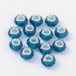 Glass European Beads, with Plating Silver Double Cores, Faceted, Rondelle, Dark Cyan, 14x9.5~10mm, Hole: 5mm
