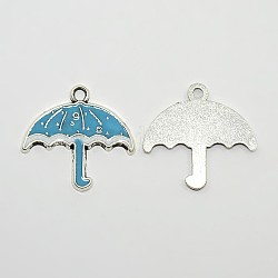 Parapluie argent antique pendentifs émaillés en alliage de tonalité, bleu profond du ciel, 26x27x1.5mm, Trou: 2mm