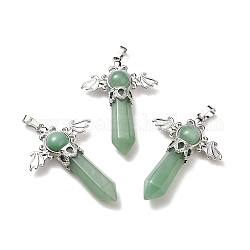 Natural Green Aventurine Pendants, Angel Charms, with Rack Plating Platinum Tone Brass Findings, Cadmium Free & Lead Free, 52~53x37x11mm, Hole: 8x5mm