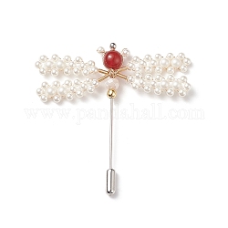 Spilla con libellula intrecciata, perle di conchiglia e corniola, spilla di sicurezza avvolta in filo di rame per accessori corpetto tuxedo, rosso, 63x62x8mm