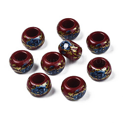 Perline di rondelle in acrilico opaco con stampa floreale, perline con foro grande, rosso scuro, 15x9mm, Foro: 7 mm