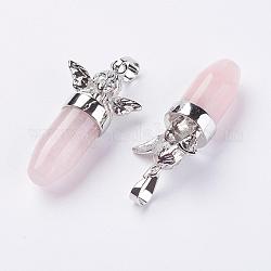 Pendentifs de quartz rose naturel, avec accessoires en laiton, cupidon / chérubin, platine, 38x22x12mm, Trou: 5x7mm