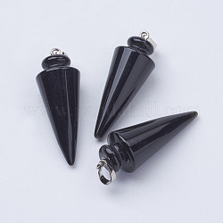 Pendentifs en agate noire naturelle, avec les accessoires en laiton de tonalité de platine, cône / pic / pendule, 43~45x16mm, Trou: 5x7mm