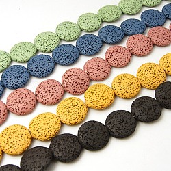 Brins de perles de pierre de lave naturelle, teinte, plat rond, couleur mixte, 21x6mm, Trou: 1mm