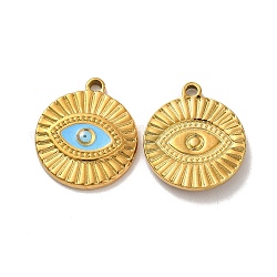 Ion Plating(IP) 304 Stainless Steel Enamel Pendants, Flat Round with Evil Eye Charm, Golden, 21x18.5x2.5mm, Hole: 2mm