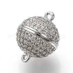Brass Micro Pave Cubic Zirconia Magnetic Clasps with Loops, Round, Platinum, 16x12mm, Hole: 1mm