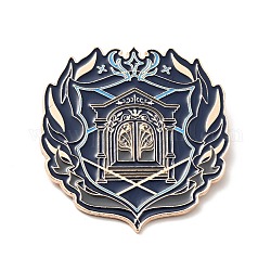 Broche en émail feuille et porte, insigne d'alliage de thème d'académie pour des vêtements de sac à dos, or rose, bleu marine, 50.5x48.5x1.5mm
