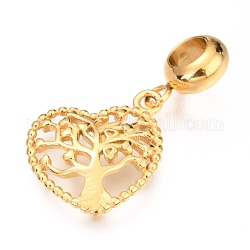 Ion Plating(IP) 304 Stainless Steel European Style Dangle Charms, Large Hole Pendants, Heart with Tree, Golden, 27mm, Hole: 4.5mm, Pendant: 17.5x15x3mm