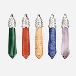 Bullet Fashion Natural & Synthetic Mixed Stone Pointed Pendants, Cadmium Free & Lead Free, with Brass Findings, Platinum, Mixed Color, 50~60x11mm, Hole: 4mm