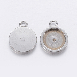 201 Stainless Steel Pendant Cabochon Settings, Flat Round, Stainless Steel Color, Tray: 10mm, 16x12x2mm, Hole: 2.5mm