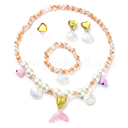 Набор украшений для детей из пластиковых и смоляных бусин, включая ожерелья с подвесками в виде ракушек и хвоста русалки и браслеты с подвесками, кольца на палец в форме сердца и серьги-клипсы, оранжевые, ожерелье: 18-1/2 дюйм (47 см), серьги: 38x20 mm, Внутренний диаметр: браслет: 1-5/8 дюйм (4.2 см), Кольцо: 15 mm