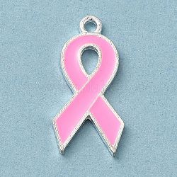 Colgantes de esmalte de aleación con tema de cinta de concientización rosa sobre el cáncer de mama, plata, cinta de la conciencia, 23x11x1.7mm, agujero: 1.5 mm