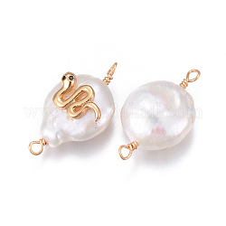 Connecteurs de liens de perles naturelles, avec les accessoires de zircons en laiton, pépites avec serpent, or, noir, 18~27x11~16x5~12mm, Trou: 1.6~2mm