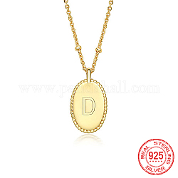 925 Sterling Silver Letter Initial Oval Pendant Necklaces for Women, with Cable Chains, Real 18K Gold Plated, Letter D, 15.75 inch(40cm)