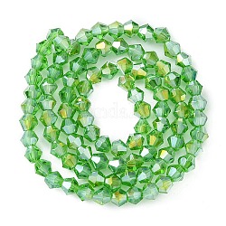 Perle di vetro trasparente, ab colore placcato, sfaccettato bicono, verde lime, 4x4mm, Foro: 1 mm, circa 92~96pcs/filo, 13.78~14.37 pollice