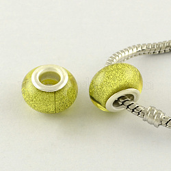 Perline europei grande resina buco, con colore argento placcato ottone doppie core, rondelle, giallo, 14x9mm, Foro: 5 mm