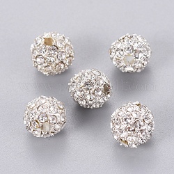 Perline in lega, con rhinestones, grado a, tondo, colore argento placcato, chiaro, misura:circa8mm di diametro, Foro: 2 mm