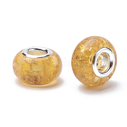 Perline europee in resina crackle, perline con foro grande, con anime in ottone placcato color argento, rondelle, arancione scuro, 13.5~14x8.5~9mm, Foro: 5 mm