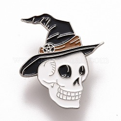 Pin esmaltado calavera con sombrero de bruja, insignia de aleación de halloween para ropa de mochila, Platino, negro, 35x30x1.5mm, pin: 1.2 mm