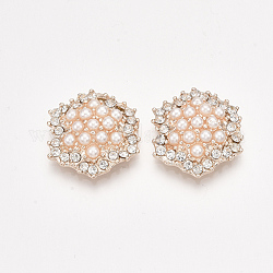 Cabochons en alliage avec strass, avec abs en plastique imitation perle, hexagone, cristal, or clair, 22x20x6.5~7mm