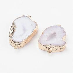 Electroplate Natural Druzy Geode Quartz Crystal Links connectors, with Brass Findings, Nuggets, Golden, White, 22~45x10~35x4~5.5mm, Hole: 2mm