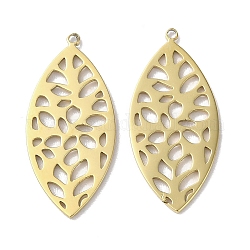 304 Stainless Steel Pendants, Hollow Leaf Charm, Real 18K Gold Plated, 21x9.5x0.7mm, Hole: 0.8mm