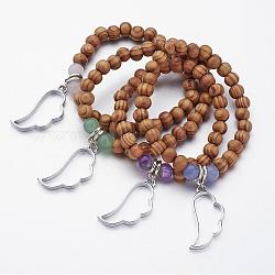 Wood Beaded Stretch Bracelets, Alloy Charm Bracelets, with Natural Gemstone Beads, Wing, Mixed Color, 2-1/8 inch(55mm)