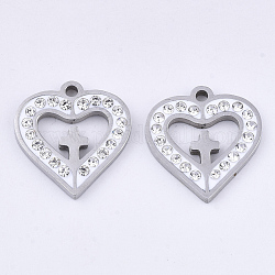201 Stainless Steel Pendants, Crosslet Heart Pendants, with Polymer Clay Crystal Rhinestone, Heart with Cross, Stainless Steel Color, 17x16x2.5mm, Hole: 1.6mm