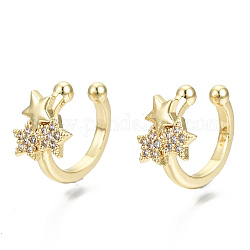 Brass Micro Pave Clear Cubic Zirconia Cuff Earrings, Nickel Free, Star, Real 16K Gold Plated, 15x9.5mm