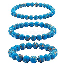 Ensemble de bracelets extensibles en perles rondes en jaspe impérial synthétique 3 pièces 3 tailles, bijoux en pierres précieuses pour femmes, bleu acier, diamètre intérieur: 2-1/8 pouce (5.5 cm), perles: 6~10 mm, 1pc / taille