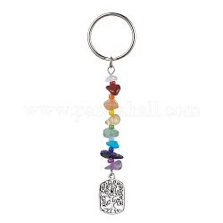 Tree of Life Tibetan Style Alloy Pendant Keychains, with Natural Gemstone Chip Beads and Iron Split Key Rings, Rectangle, 10.5cm