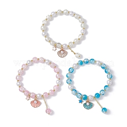 3 bracelet extensible en perles de verre de 3 couleurs., bracelets empilables avec breloques en laiton et alliage émaillé, forme coquille, diamètre intérieur: 2-3/8 pouce (6 cm), 1 pc / couleur