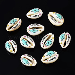 Perles de coquillage cauri naturelles imprimées, sans trou, motif éléphant et mot heureux, turquoise, 18~23x13~16x7~8mm