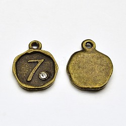 Placcati bronzo antico in lega di fascini di strass, piatta e rotonda con num. 7, nichel libero, 13x10x1.5mm, Foro: 1 mm
