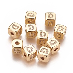 Perles de zircone cubique micro pave en Laiton, trou horizontal, véritable 18k plaqué or, Plaqué longue durée, cube avec la lettre, clair, letter.d, 9x9x9mm, Trou: 3.5mm