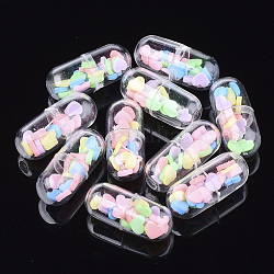 Zu öffnender transparenter Plastikkapselbehälter, mit handgefertigten Polymer Clay Cabochons im Inneren, Pille mit Herz, Farbig, 24x10.5 mm