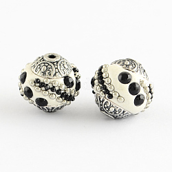 Perles Indonésiennes manuelles, avec strass jet et noyaux en alliage, ronde, argent antique, blanc, 14~16x14~16mm, Trou: 1.5mm