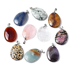 Natural Mixed Stone Pendants, with Platinum Brass Pinch Bails, Oval, 30~31x22~23x6~7mm, Hole: 4x3.5mm