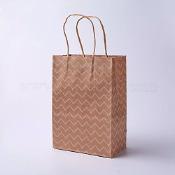 クラフト紙袋  ハンドル付き  ギフトバッグ  ショッピングバッグ  茶色の紙袋  長方形  波の模様  キャメル  21x15x8cm