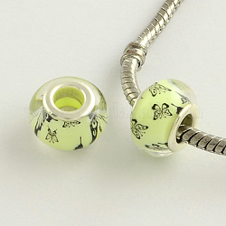 Large Hole Butterfly Pattern Acrylic European Beads, with Platinum Plated Brass Double Cores, Rondelle, Pale Green, 14x9mm, Hole: 5mm