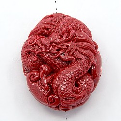 Synthetic Coral Beads, Oval with Dragon, Dyed, FireBrick, 47x37x18mm, Hole: 3.5mm