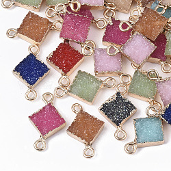 Druzy Resin Links connectors, with Edge Light Gold Plated Iron Loops, Rhombus, Mixed Style, Mixed Color, 20~21x13x4mm, Hole: 1.8mm