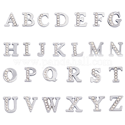 Sunnyclue 52 個 26 スタイル合金ラインストーン スライド チャーム  最初のアルファベット  プラチナ  a～zの文字  11~12x11~11.5x4.5mm  穴：8x1.5mm  2個/スタイル